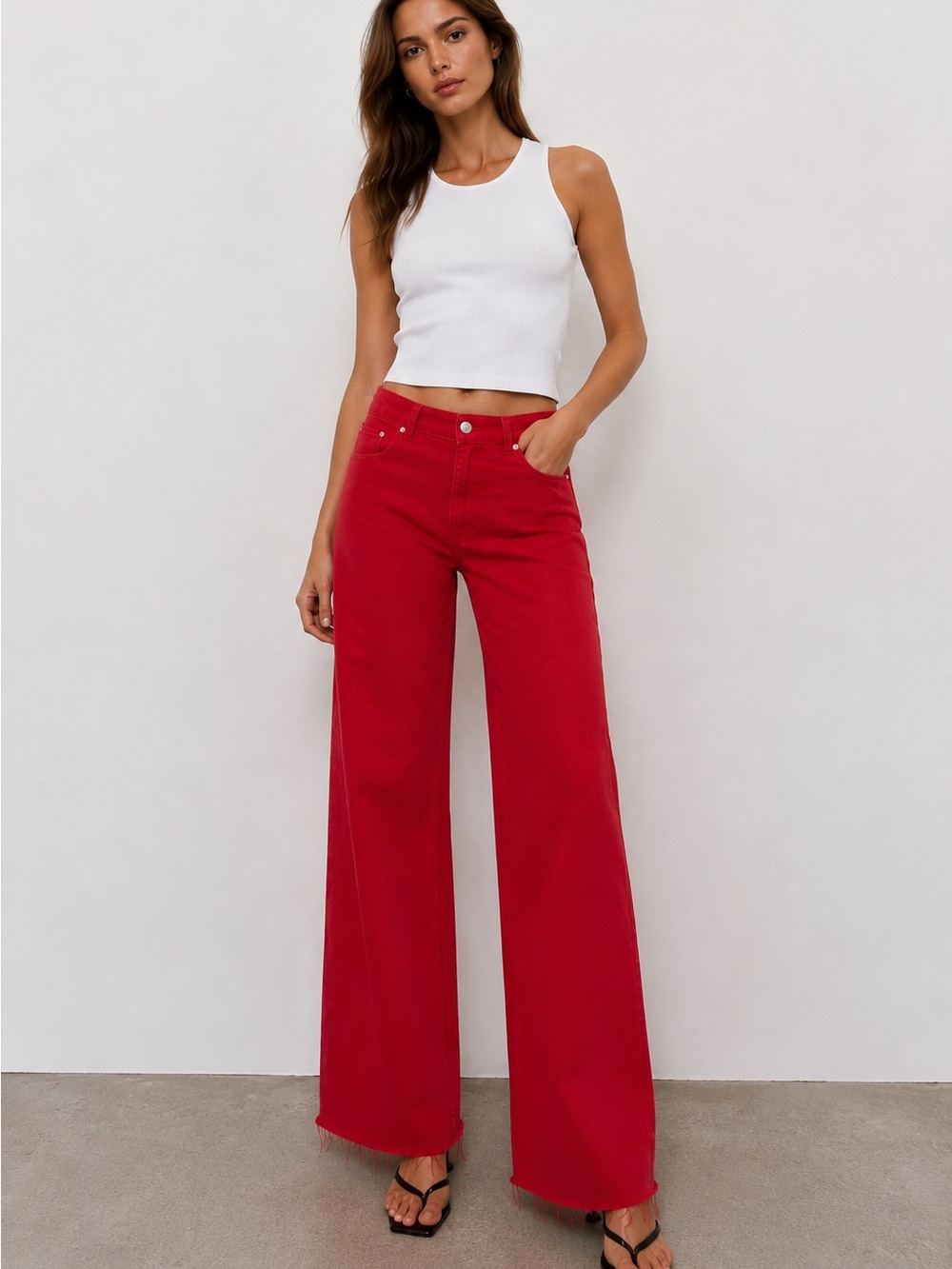 Zara Red High Rise Wide Leg Jeans Raw Hem Size 2 / EUR 34